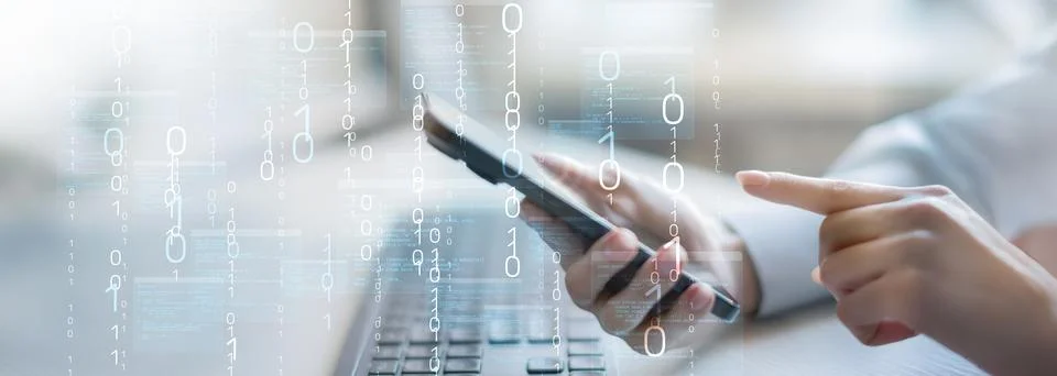 Binary Code and Digital Data Streams Displayed on Futuristic Transparent Inte Foto stock