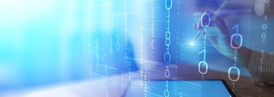 Binary Code and Digital Data Streams Displayed on Futuristic Transparent Inte Foto stock