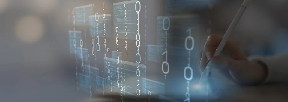 Binary Code and Digital Data Streams Displayed on Futuristic Transparent Inte Foto stock