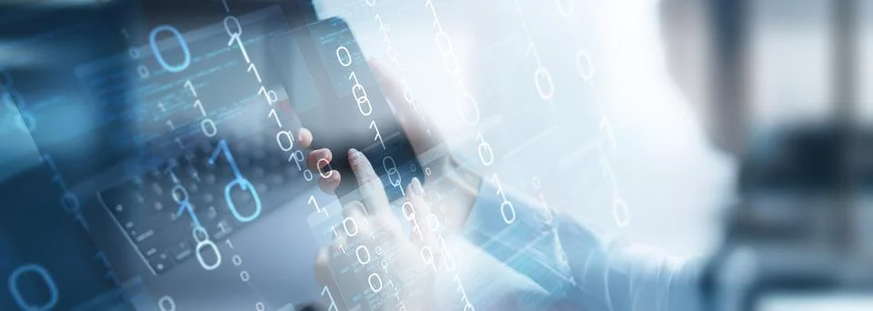 Binary Code and Digital Data Streams Displayed on Futuristic Transparent Inte Stock Photos