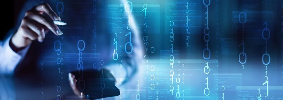 Binary Code and Digital Data Streams Displayed on Futuristic Transparent Inte Foto stock