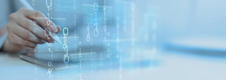 Binary Code and Digital Data Streams Displayed on Futuristic Transparent Inte Stock Photos