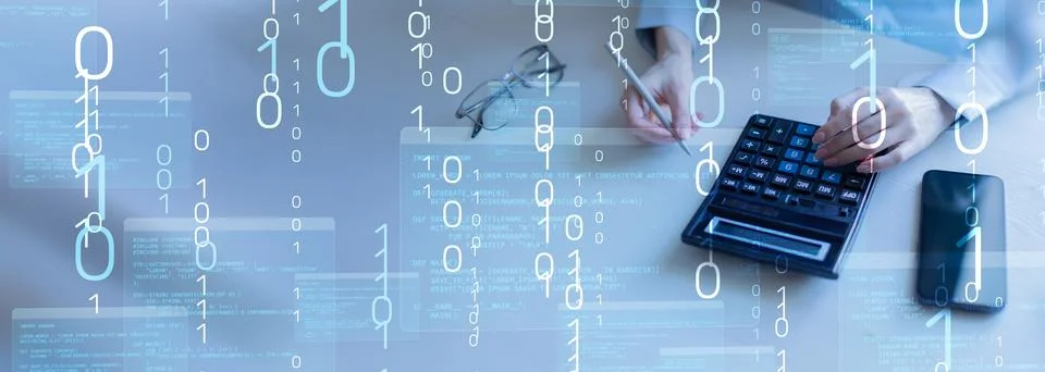 Binary Code and Digital Data Streams Displayed on Futuristic Transparent Inte 库存照片