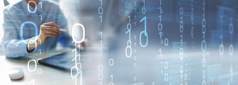 Binary Code and Digital Data Streams Displayed on Futuristic Transparent In.. Foto stock