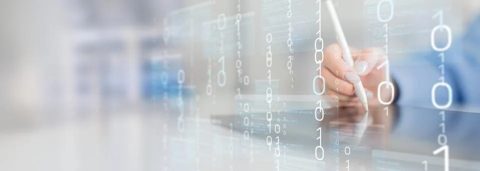 Binary Code and Digital Data Streams Displayed on Futuristic Transparent Inte Foto stock