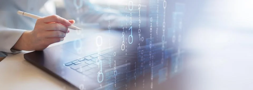 Binary Code and Digital Data Streams Displayed on Futuristic Transparent Inte 写真素材