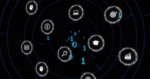 Binary code and digital icons animation over dark background with concentric Stock Footage 304479918