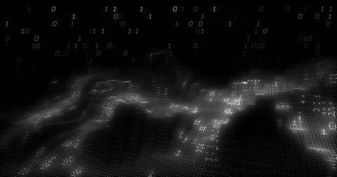 Binary code and digital landscape image over dark background Stock Photos