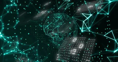 Binary code and digital network connections image over abstract globe イラスト素材