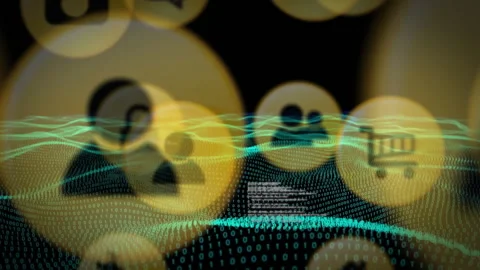 Binary code and digital wave animation over social media icons Video stock 303793148