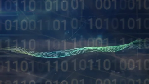 Binary code and digital wave animation over dark blue background Video stock 305292498