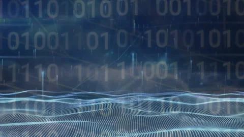 Binary code and digital wave animation over blue background Video stock 305292516