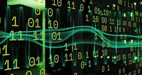 Binary code and digital wave animation over cityscape at night Video stock 307661659
