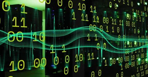 Binary code and digital wave image over cityscape at night Stock Illustration