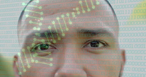Binary code and DNA strand animation over close-up of person face Video stock 303461357