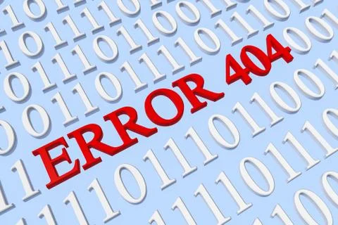 Binary code and Error 404 word in red color on blue technology background. 3D Stock Illustration