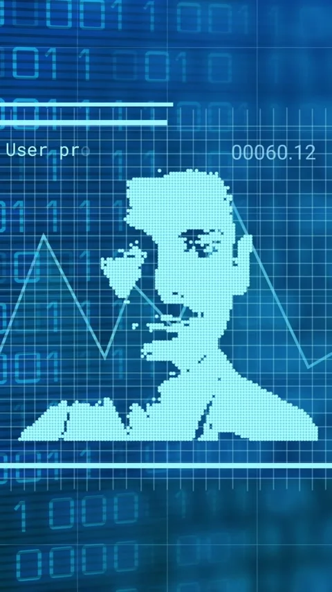 Binary code and facial recognition animation over digital profile with data Stock Footage 342034081