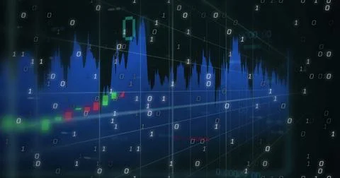 Binary code and financial chart image over stock market data Stock Illustration