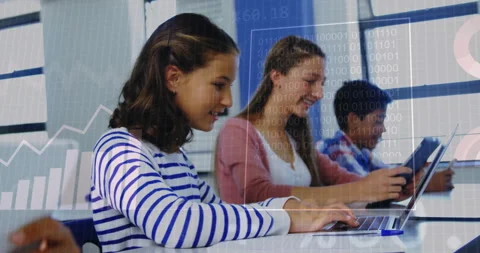 Binary code and financial data animation over students using laptops in Video stock 305063393