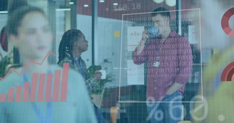 Binary code and financial data animation over diverse business people in office Stock Footage 306719388