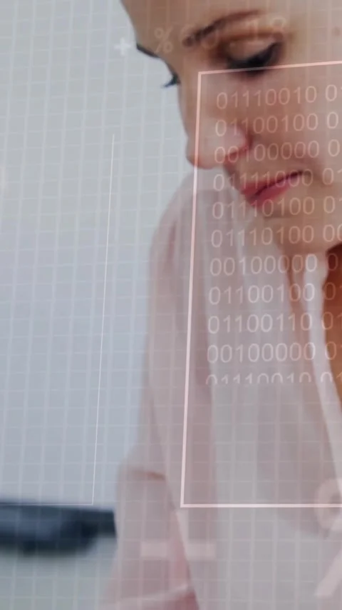 Binary code and financial data animation over businesswoman working in office Stock Footage 320093601