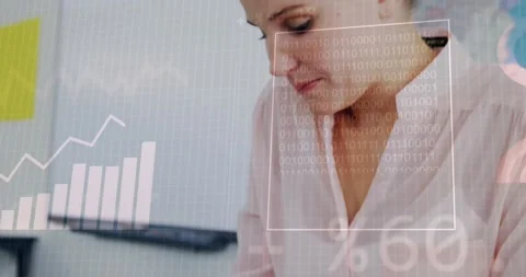 Binary code and financial data animation over businesswoman working in office Video stock 328358261