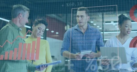 Binary code and financial data over diverse business people discussing in office Stock Footage 330479262
