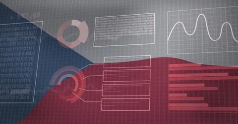 Binary code and financial data image over Czech Republic flag background Stockfoto's