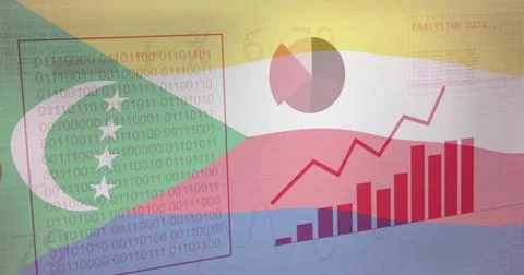 Binary code and financial data image over Comoros flag background 库存照片