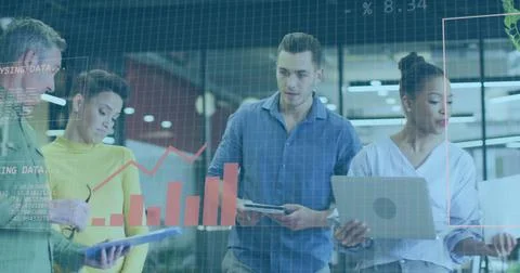 Binary code and financial data over diverse business people discussing in office Stock Photos