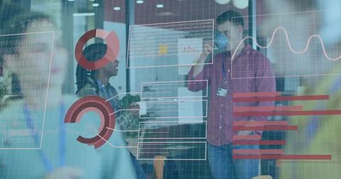 Binary code and financial data image over diverse business people in office Foto stock