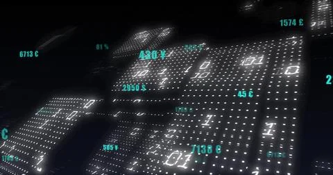 Binary code and financial data image over digital currency symbols Stock Photos