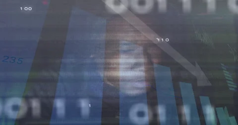 Binary code and financial graph animation over blurred face in background Video stock 303430962
