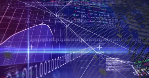 Binary code and financial graphs overlaying digital data processing animation Video stock 305030879