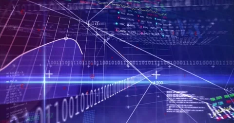 Binary code and financial graphs overlaying digital data processing animation Stock Footage 326627679