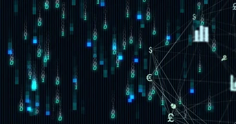 Binary code and financial symbols animation over dark background with vertical Stock Footage 305727600