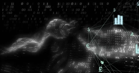 Binary code and financial symbols animation over digital world map Stock Footage 305727700
