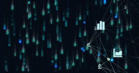 Binary code and financial symbols image over dark background with vertical lines イラスト素材