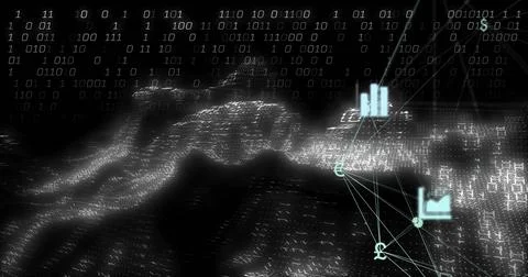 Binary code and financial symbols image over digital world map Stock Illustration