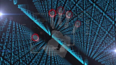 Binary code and fingerprint scanning animation over digital security interface Stock Footage 305292688