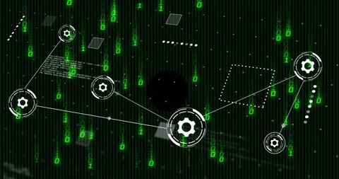 Binary code and gears animation over green digital matrix background Stock Footage 306637039