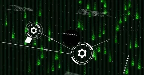 Binary code and gears image over green digital matrix background Stock Illustration