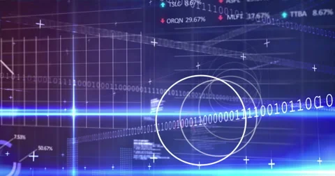 Binary code and geometric shapes animation over financial data charts 動画素材 304760628