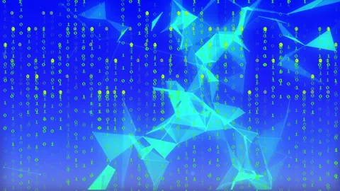 Binary code and geometric shapes animation over blue background Stock Footage 305292404
