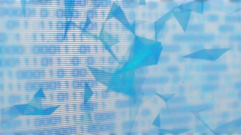 Binary code and geometric shapes animation over blue abstract background Stock Footage 305292409