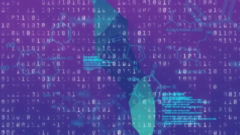 Binary code and geometric shapes, data processing animation over purple Stock Footage 305815130
