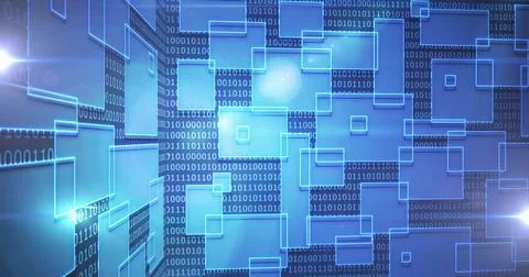 Binary code and geometric shapes image over blue digital background Stock Illustration