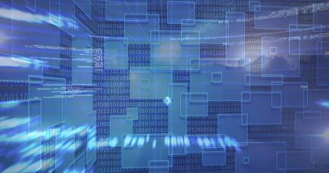 Binary code and geometric shapes forming futuristic technology concept Stock Photos