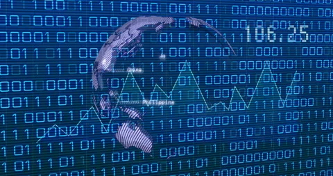 Binary code and globe with financial data animation over blue digital background Stock Footage 303878705