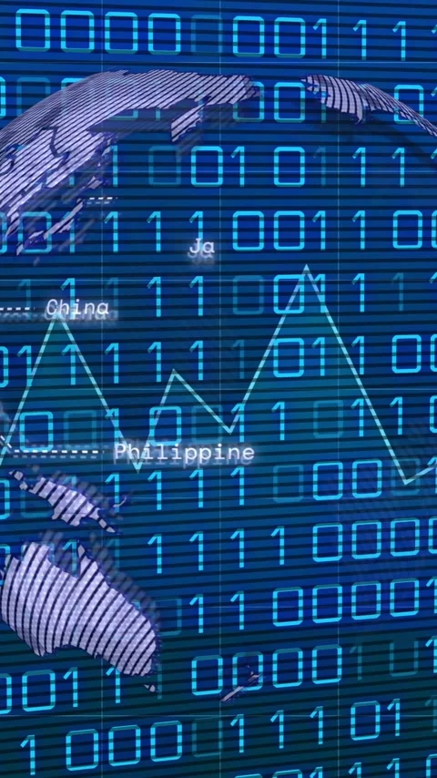Binary code and globe with financial data animation over blue digital background Stock Footage 319416078